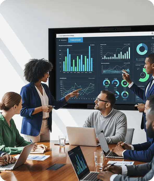 Time profissional discutindo dashboards de dados em uma sala de reunião